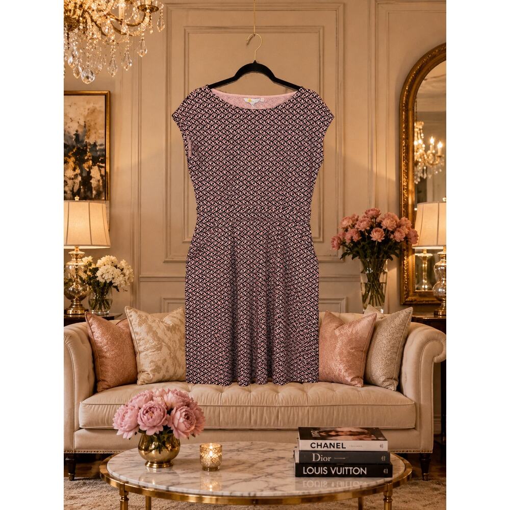 Boden Black Pink Jersey Dress Pockets Cap Sleeve Stretch Knit Midi Travel Resort